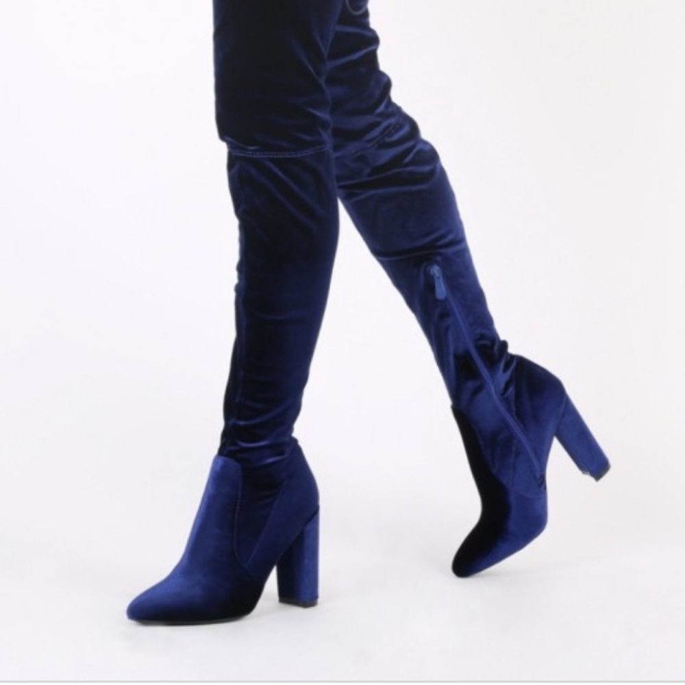 Royal Blue Velvet Over The Knee Block Heel Boots